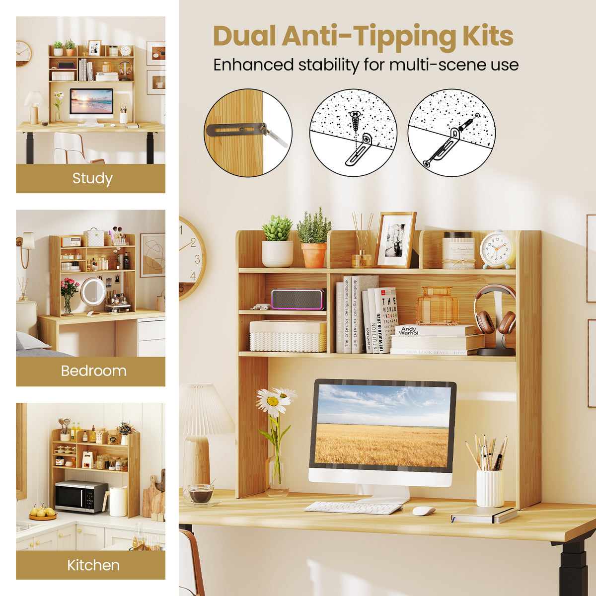 6-Shelf Desktop Bookshelf with Storage Hutch, Beige