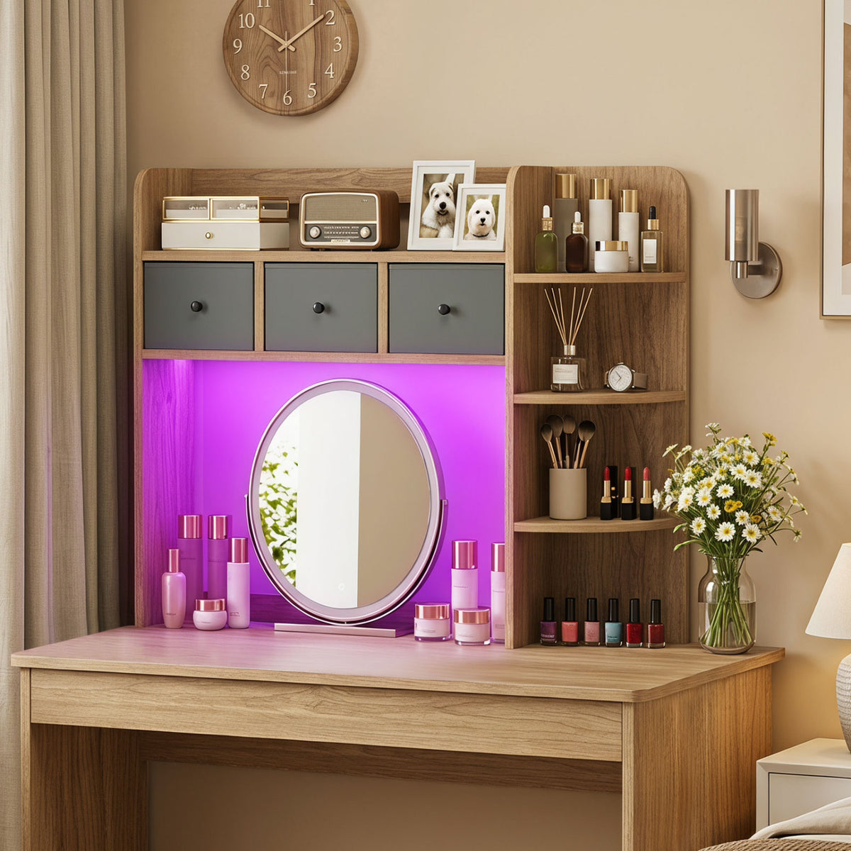 Desktop Bookshelf with LED Lights, 5-Tier Shelves & 3 Drawers - Brown