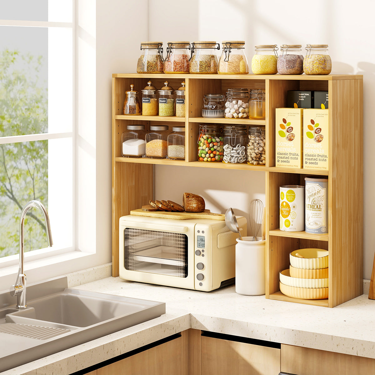 Desktop Bookshelf with 7 Cubbies & Adjustable Shelves – Yellow