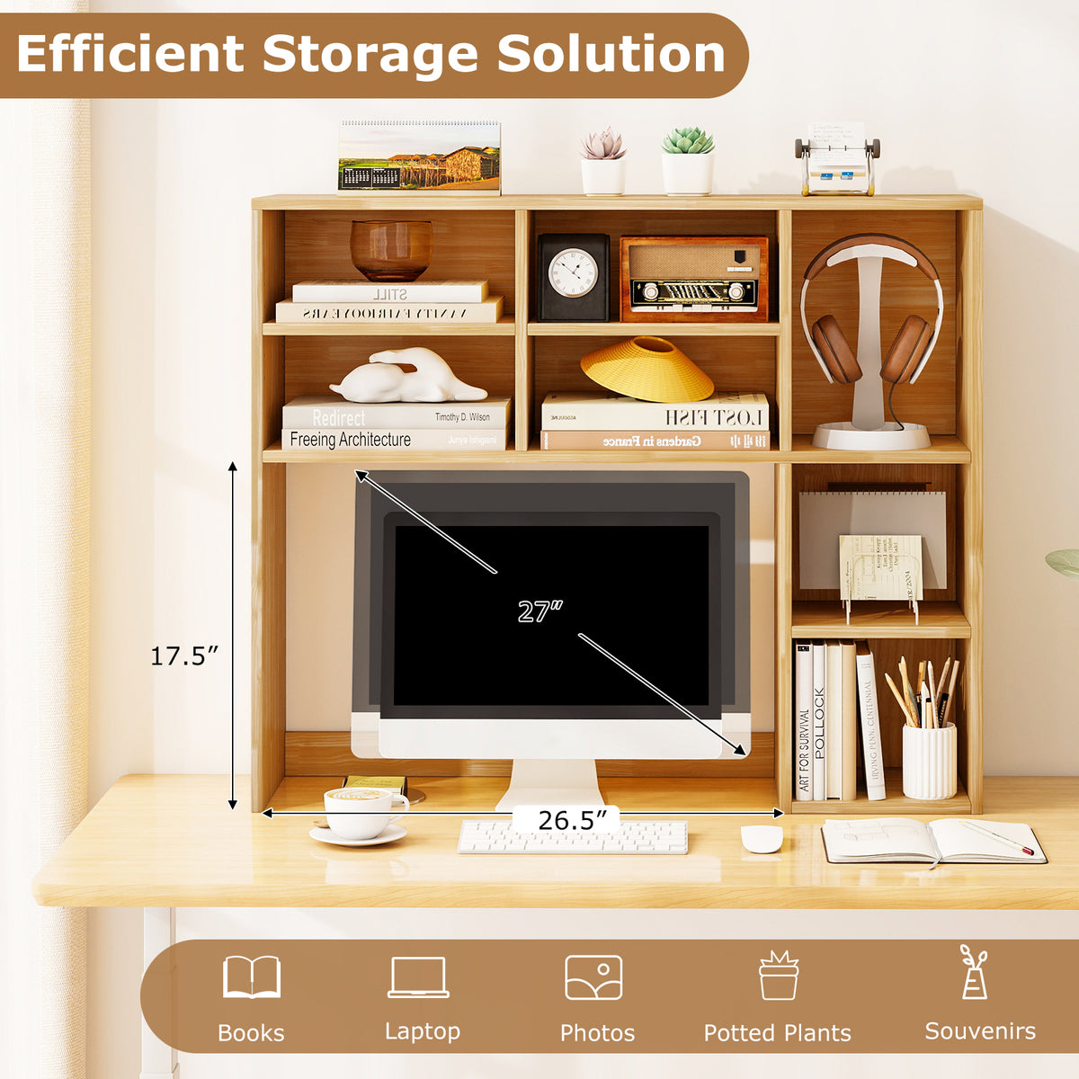 Desktop Bookshelf with 7 Open Cubbies and 3 Adjustable Shelves
