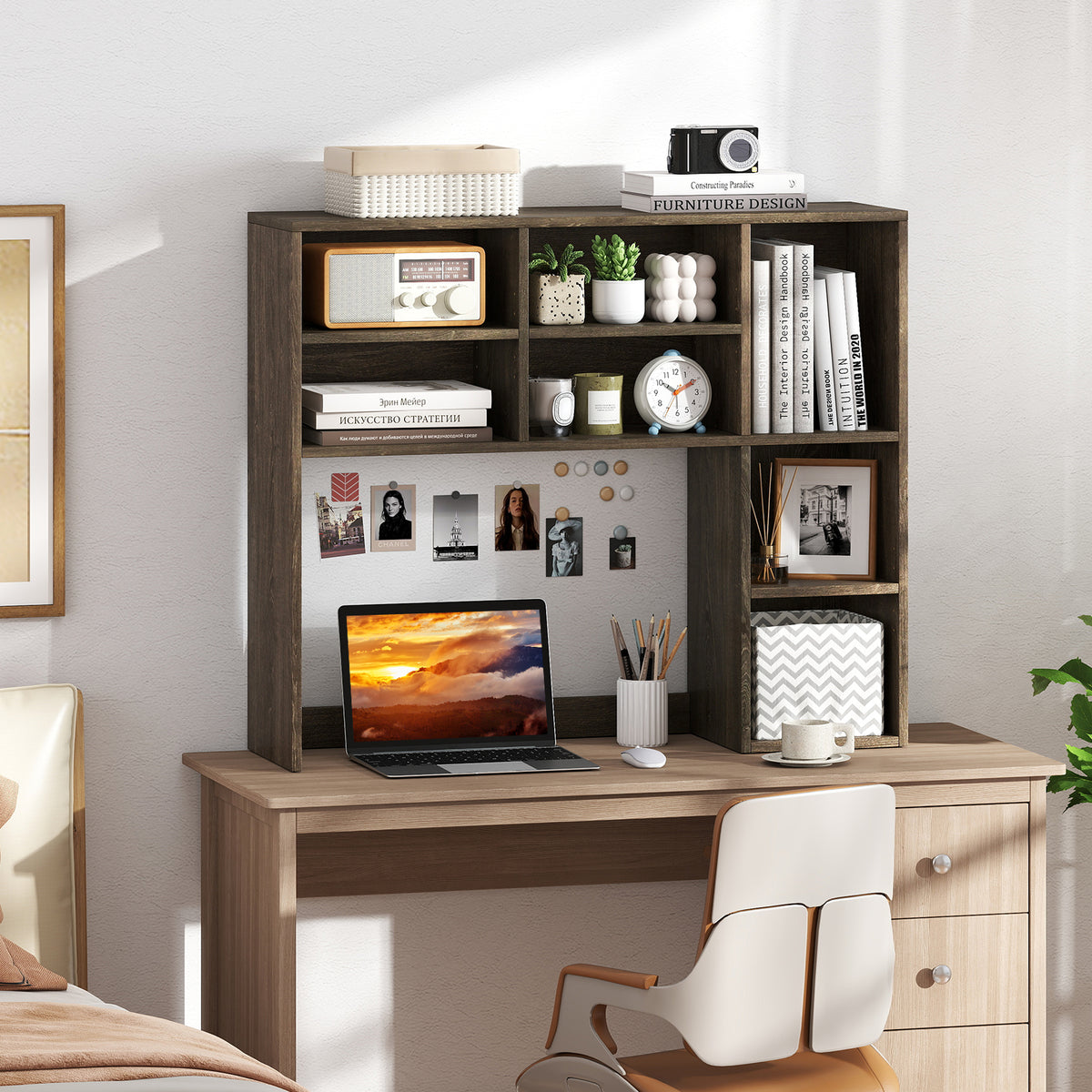 Desktop Bookshelf with 7 Cubbies & 3 Adjustable Shelves - Oak