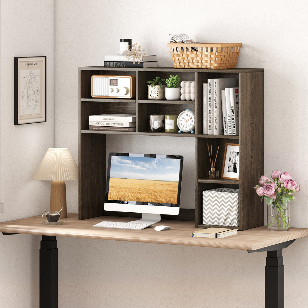 Desktop Bookshelf with 7 Cubbies & 3 Adjustable Shelves - Oak