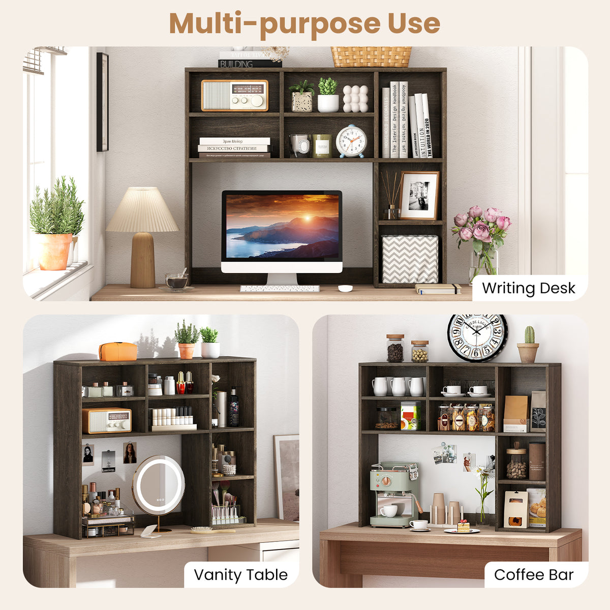Desktop Bookshelf with 7 Cubbies & 3 Adjustable Shelves - Oak