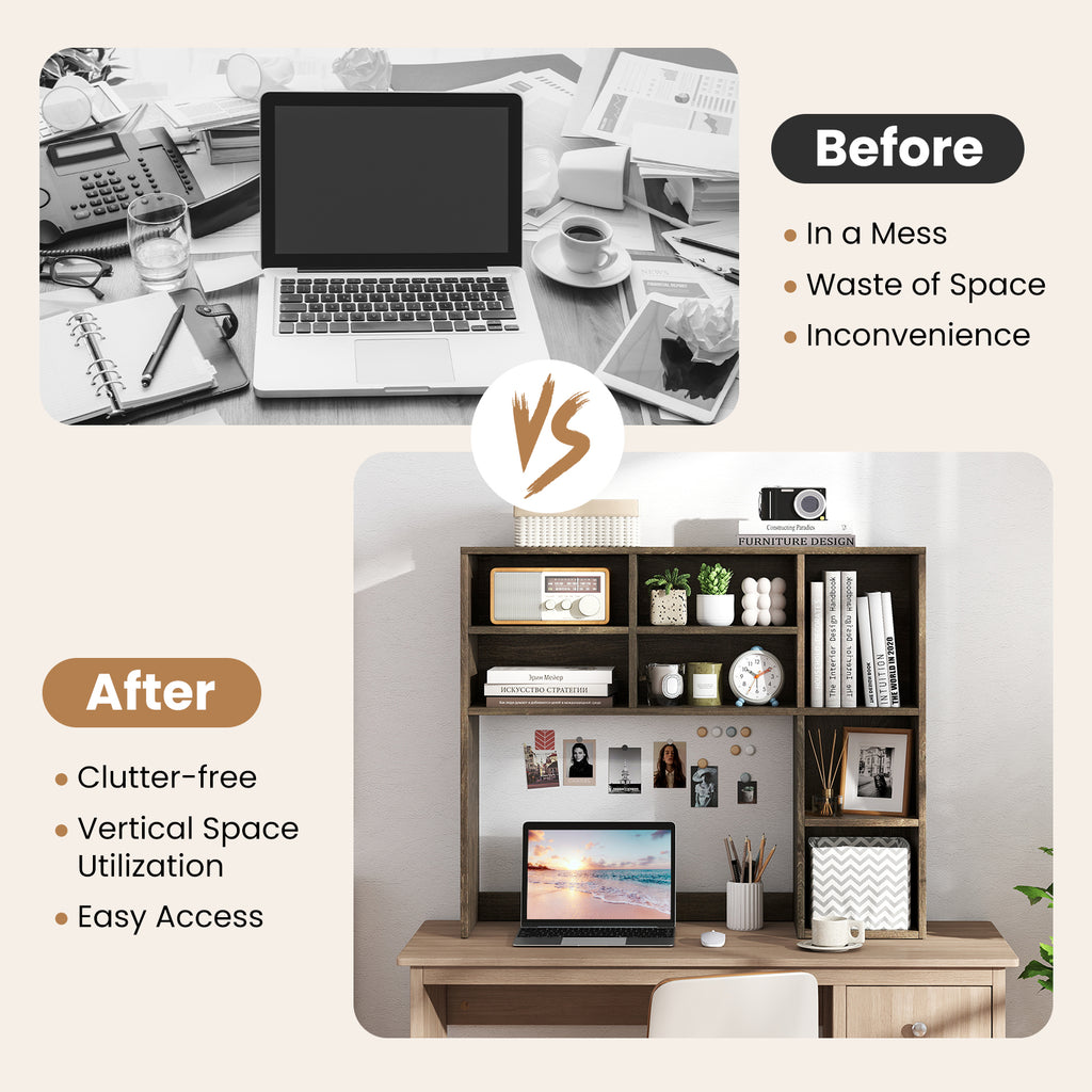 Desktop Bookshelf with 7 Cubbies & 3 Adjustable Shelves - Oak