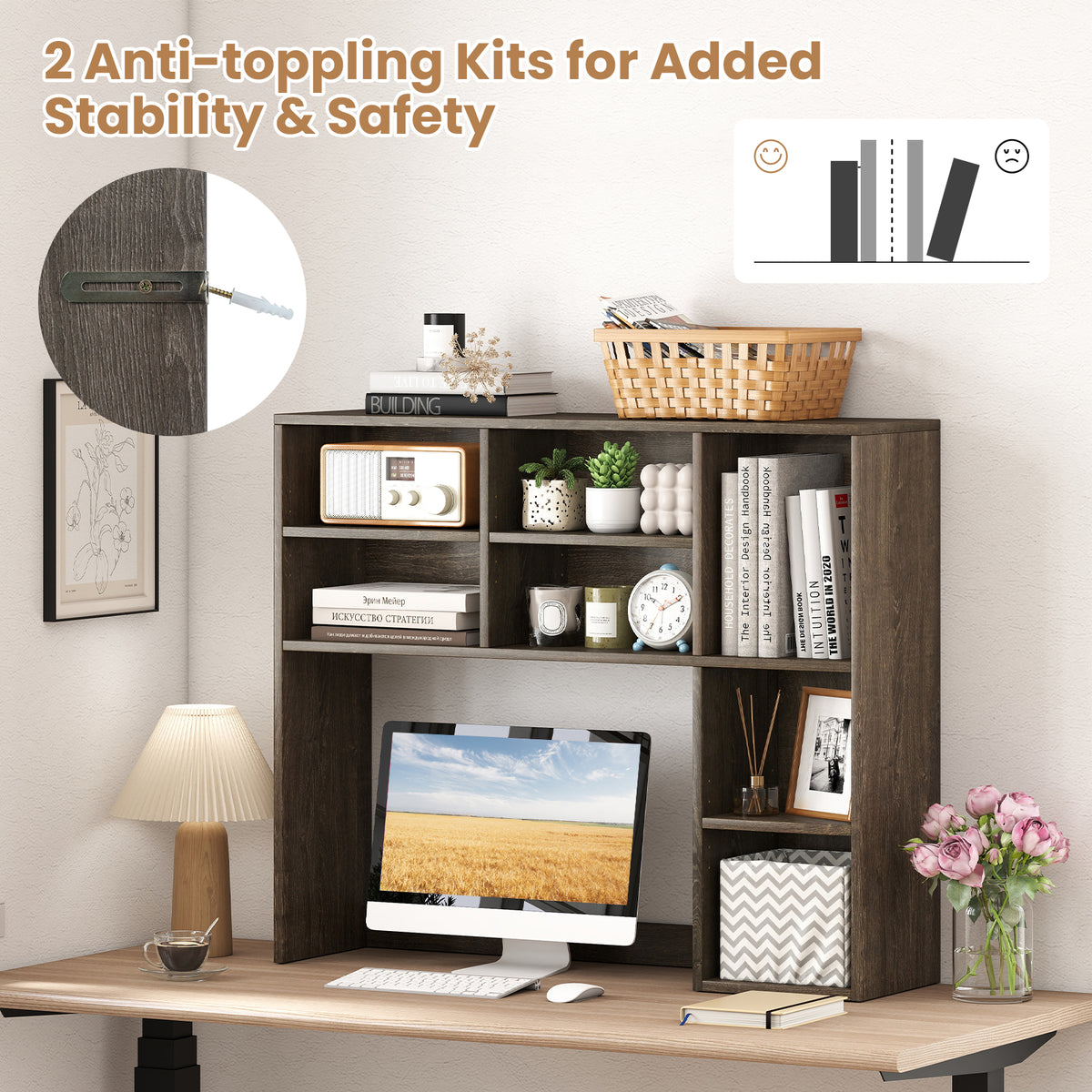 Desktop Bookshelf with 7 Cubbies & 3 Adjustable Shelves - Oak