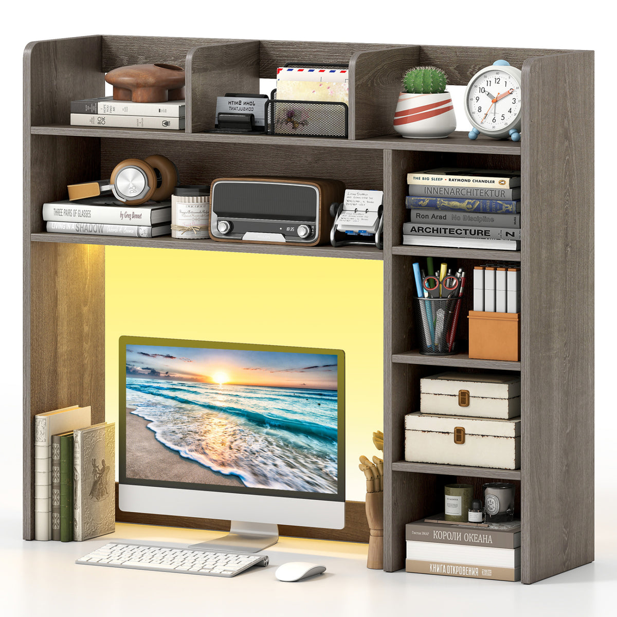 Desktop Bookshelf with LED Lights 35.5 inch Desk Hutch Storage