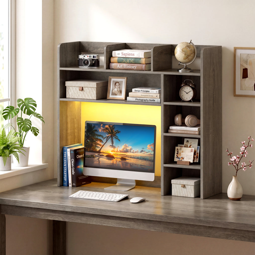 Desktop Bookshelf with LED Lights 35.5 inch Desk Hutch Storage