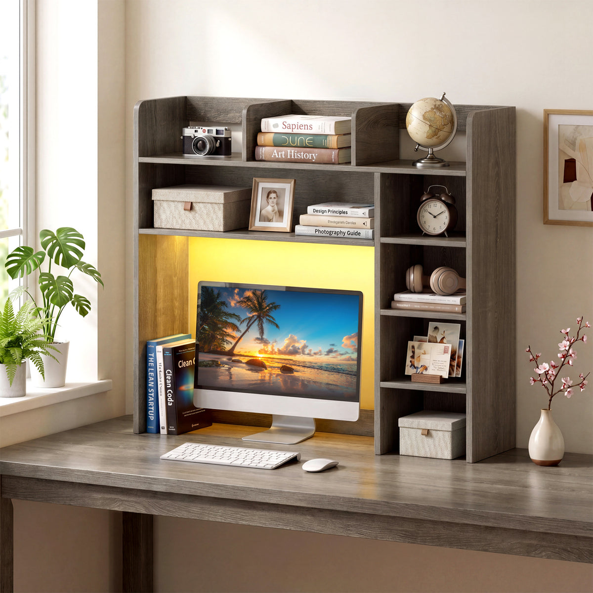 Desktop Bookshelf with LED Lights 35.5 inch Desk Hutch Storage