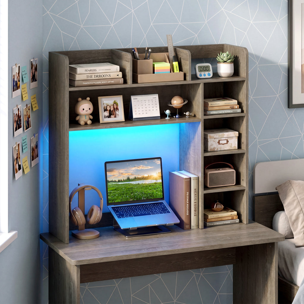 Desktop Bookshelf with LED Lights 35.5 inch Desk Hutch Storage