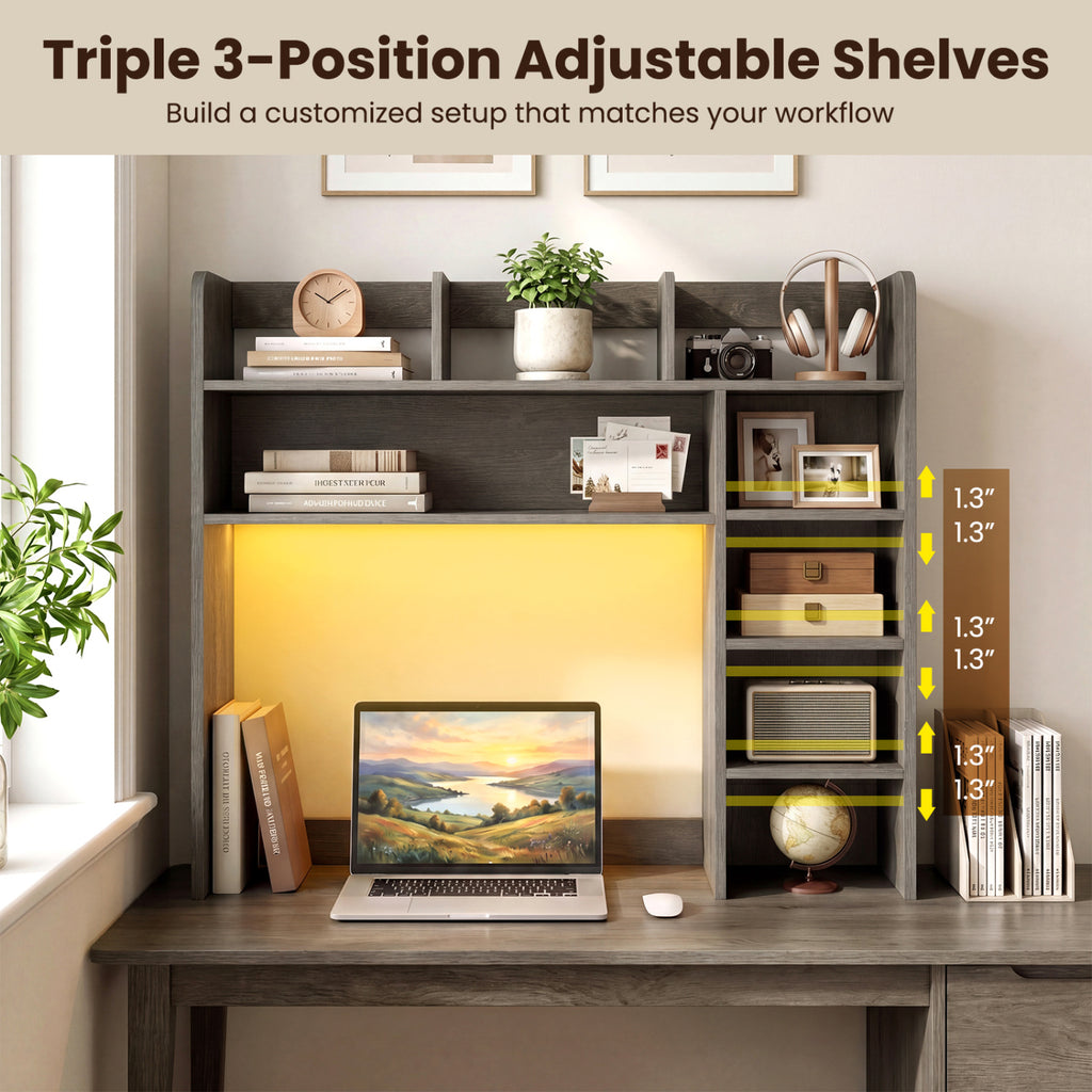 Desktop Bookshelf with LED Lights 35.5 inch Desk Hutch Storage