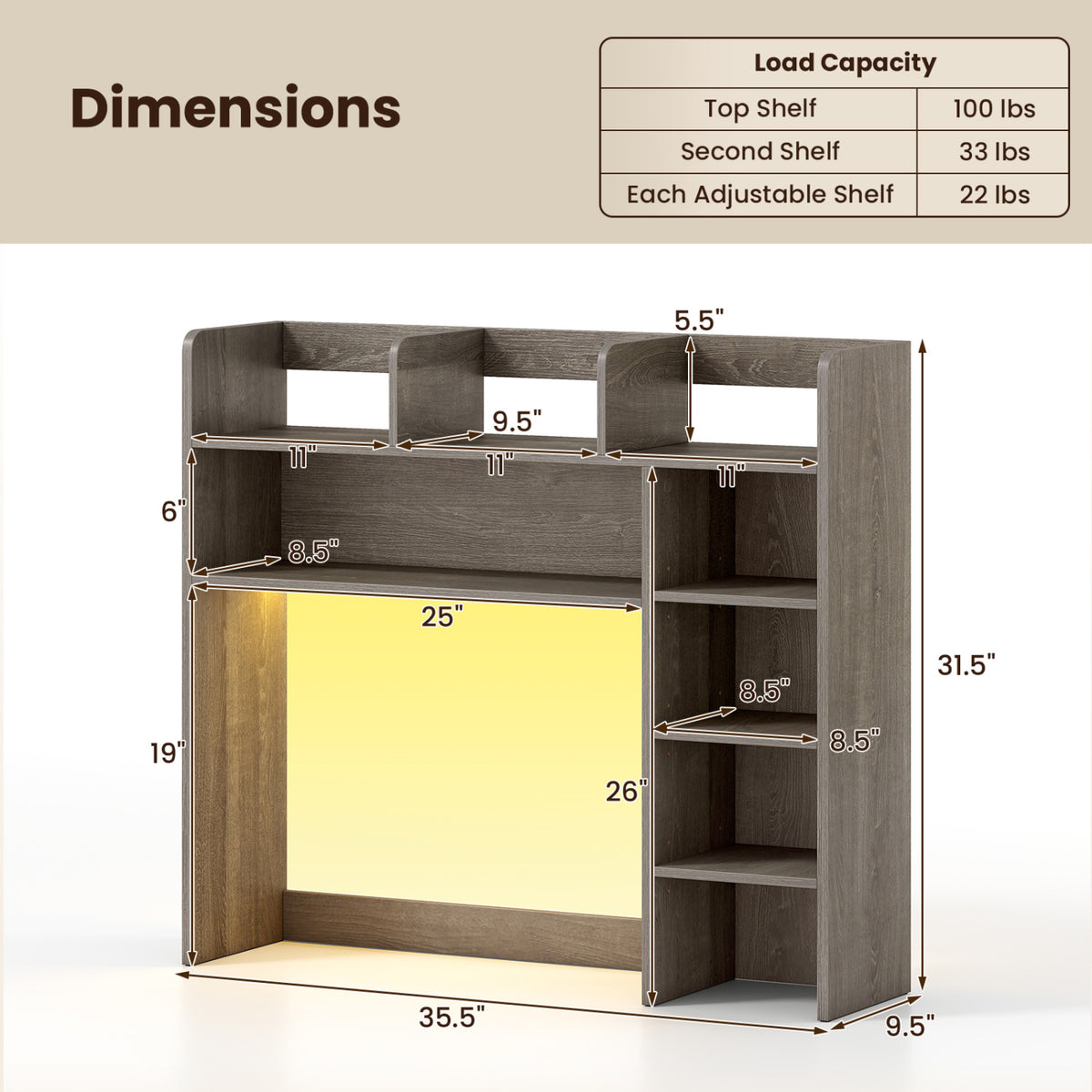 Desktop Bookshelf with LED Lights 35.5 inch Desk Hutch Storage