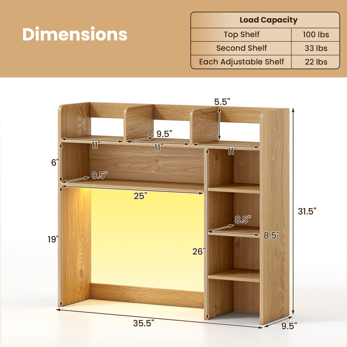 Desktop Bookshelf with RGB LED Lights - Natural