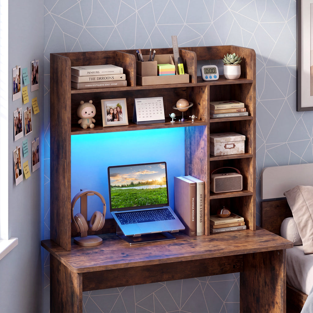 Desktop Bookshelf with LED Lights, Rustic Brown
