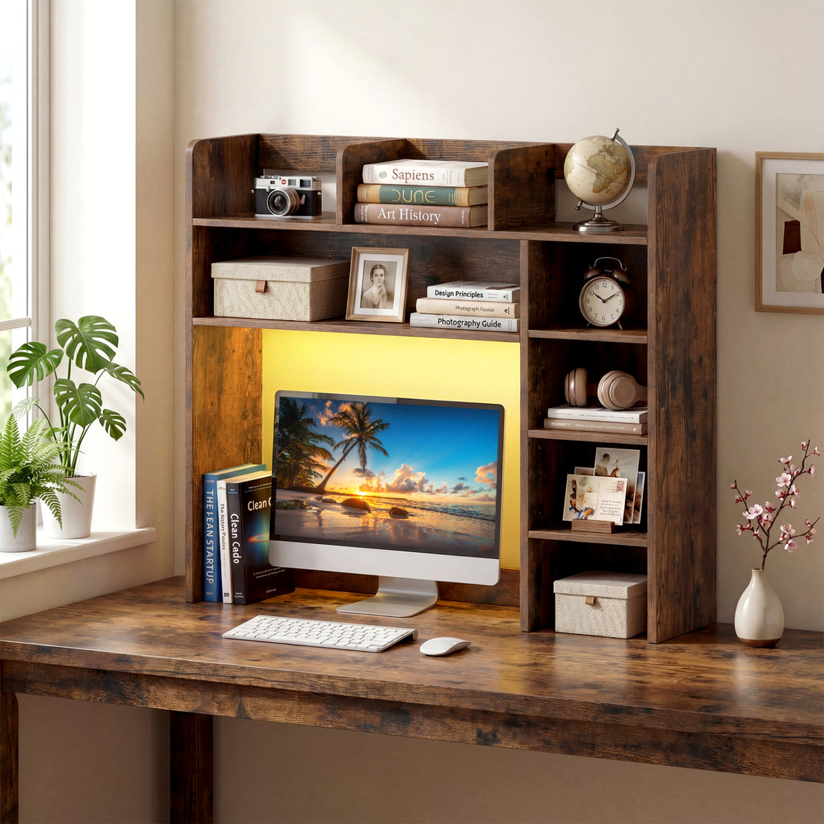 Desktop Bookshelf with LED Lights, Rustic Brown