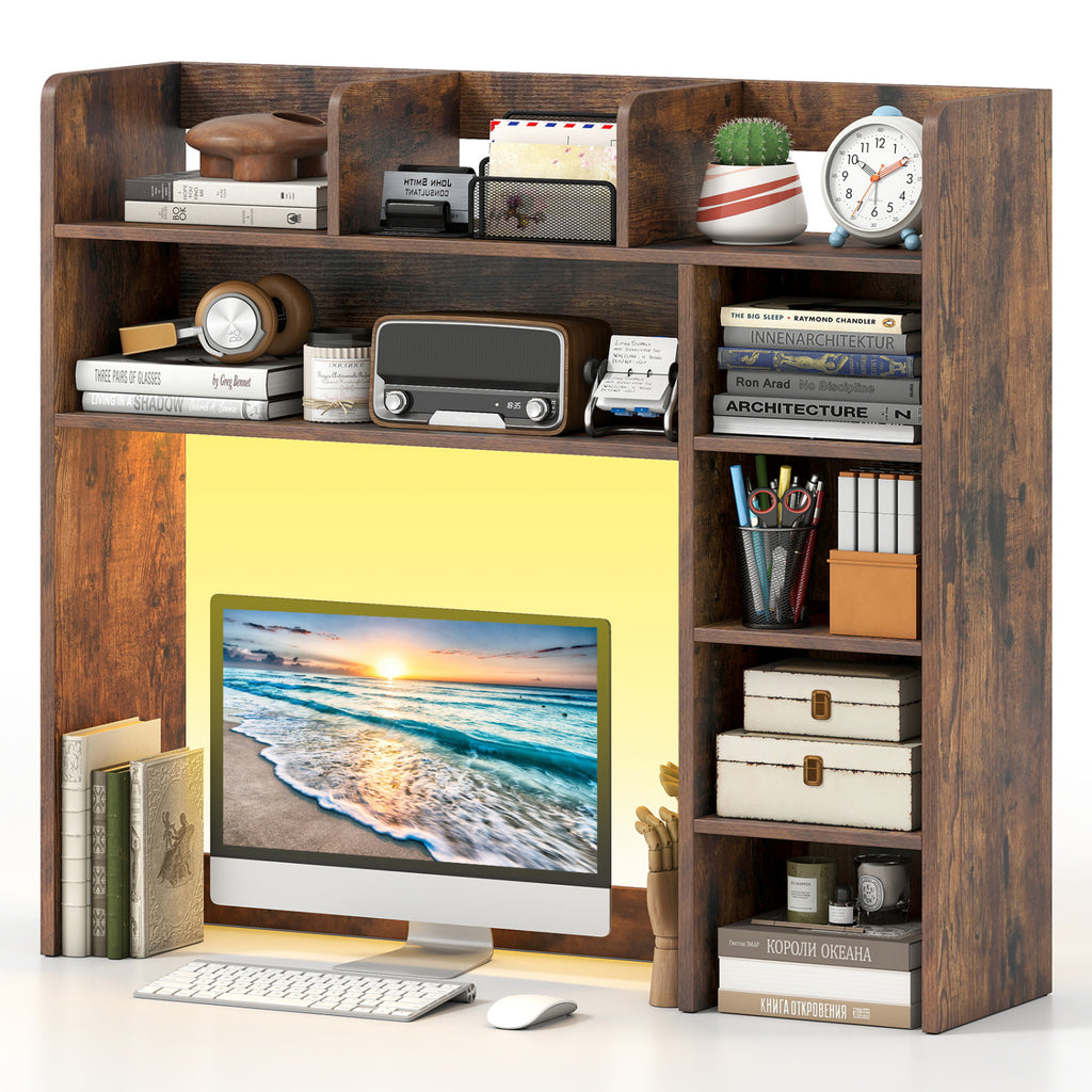 Desktop Bookshelf with LED Lights, Rustic Brown