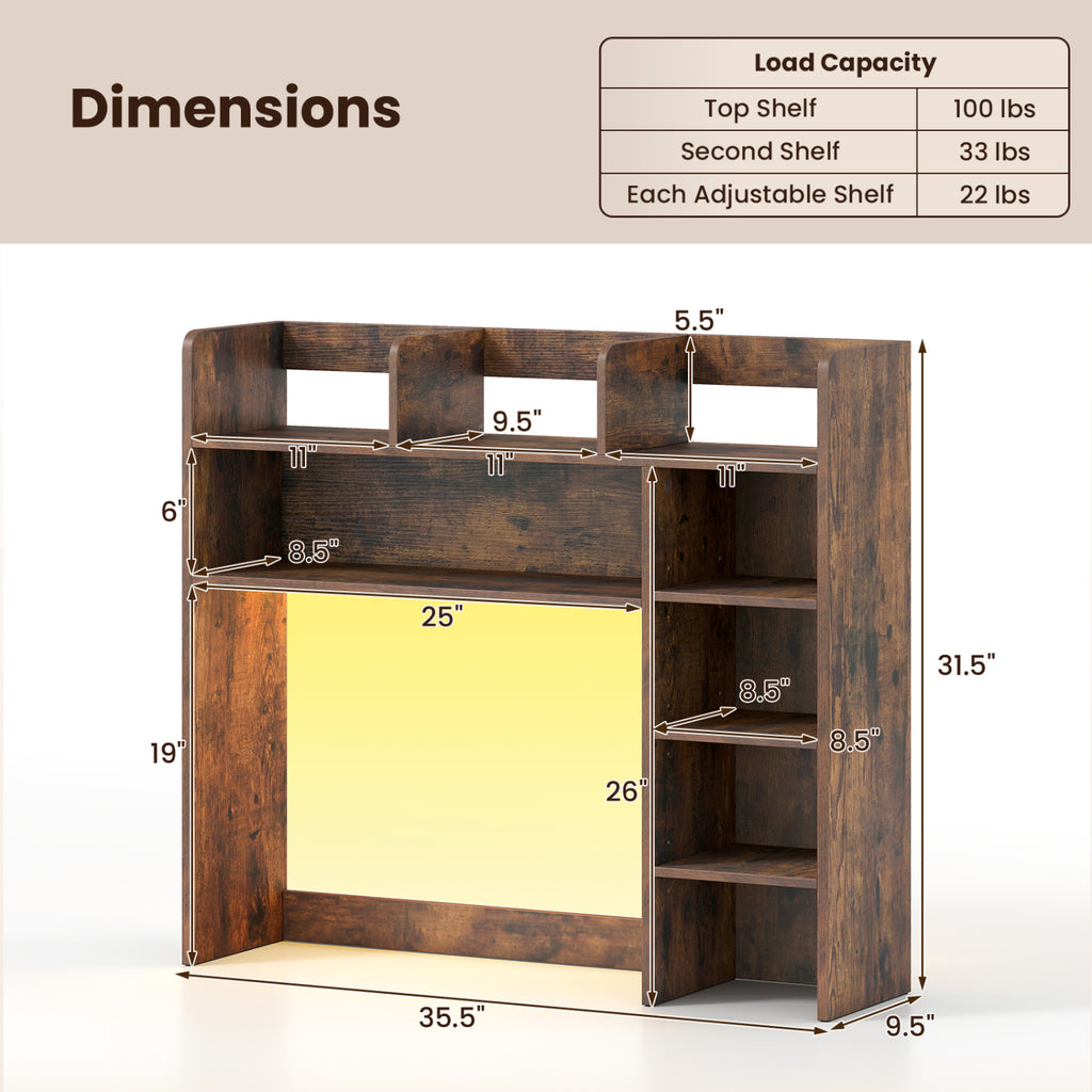 Desktop Bookshelf with LED Lights, Rustic Brown
