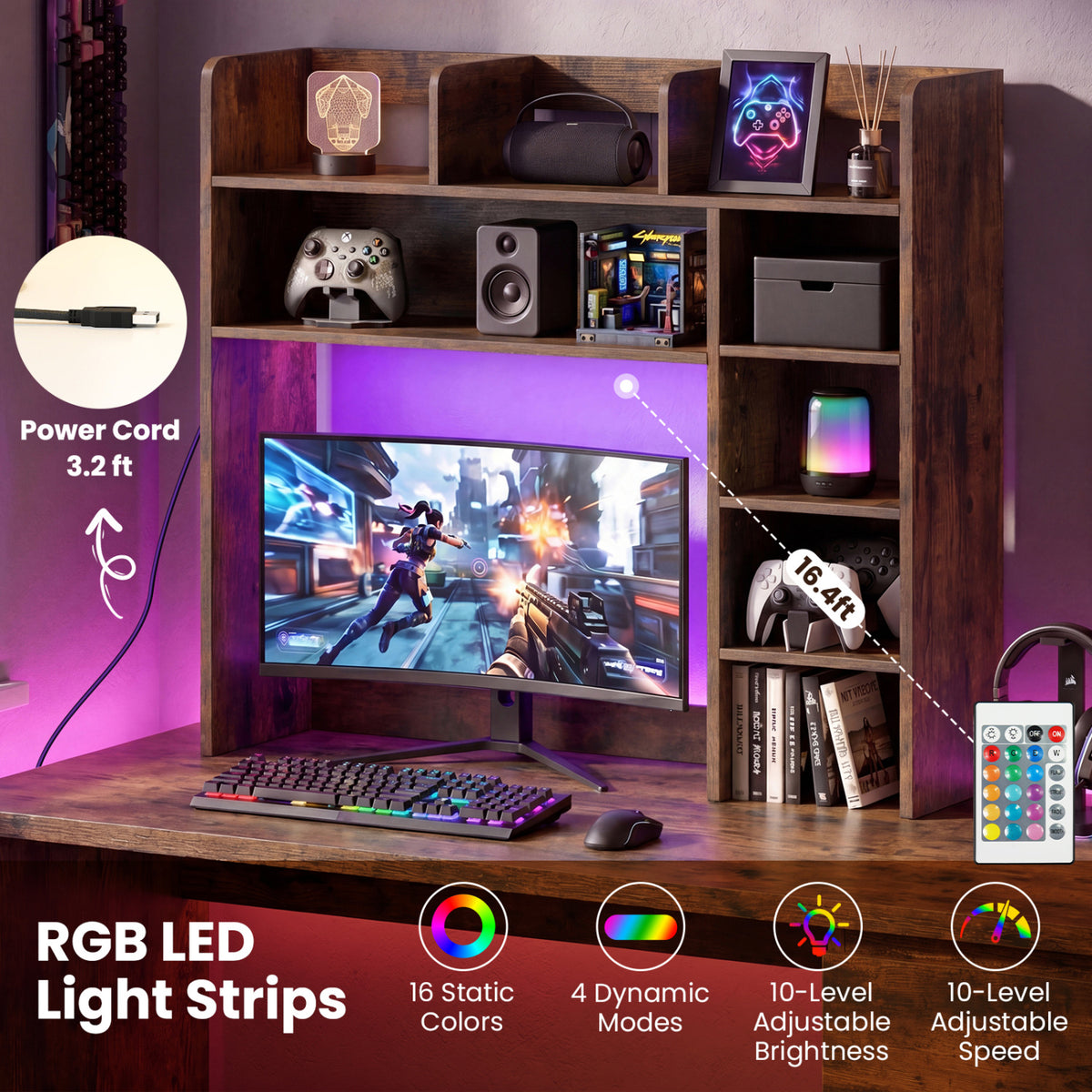Desktop Bookshelf with LED Lights, Rustic Brown