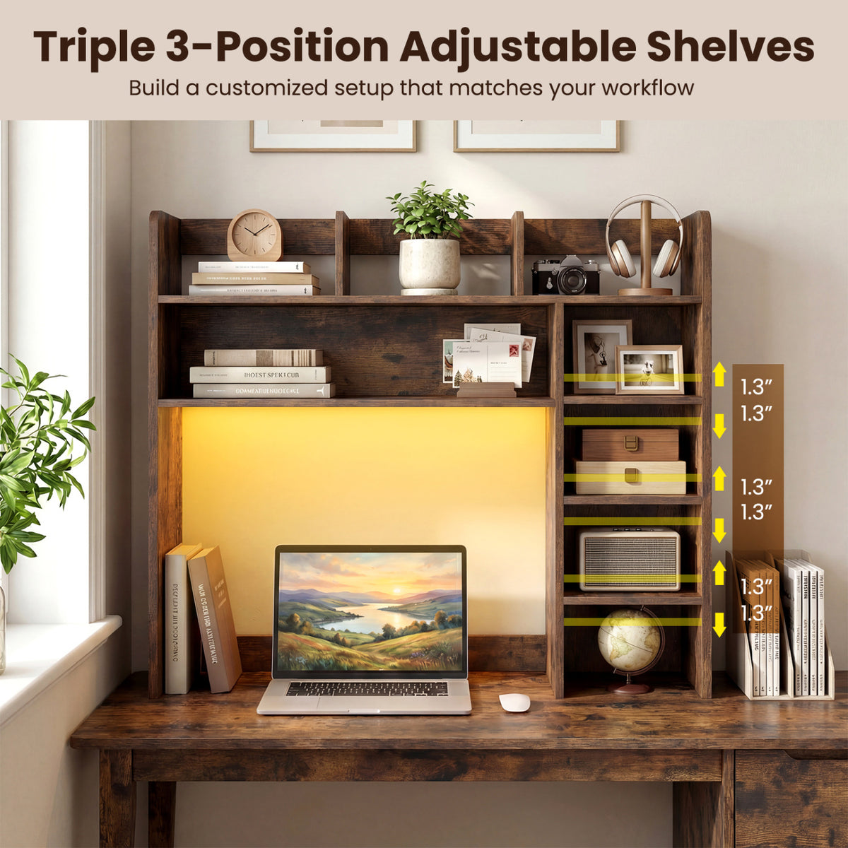 Desktop Bookshelf with LED Lights, Rustic Brown