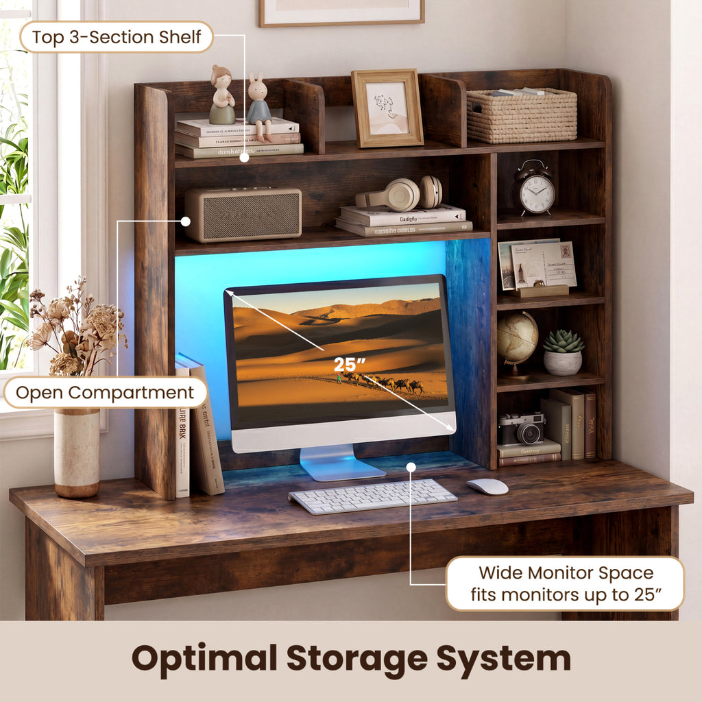 Desktop Bookshelf with LED Lights, Rustic Brown