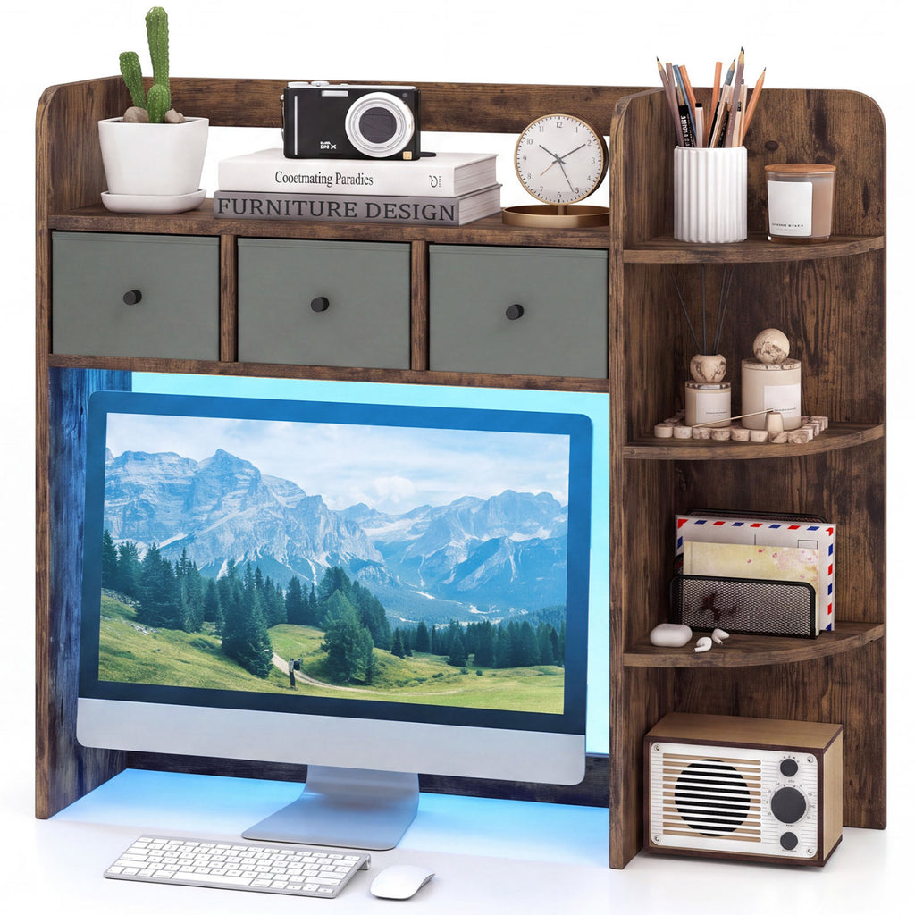 Desktop Bookshelf with LED Lights, 5-Tier Shelves & 3 Drawers - Brown