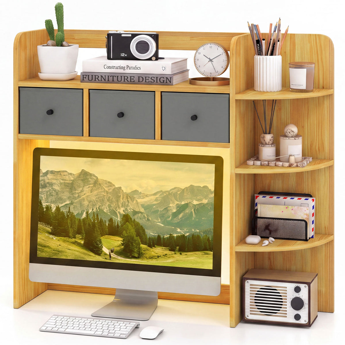 Desktop Bookshelf with LED Lights, 5-Tier Shelves & 3 Drawers - Brown