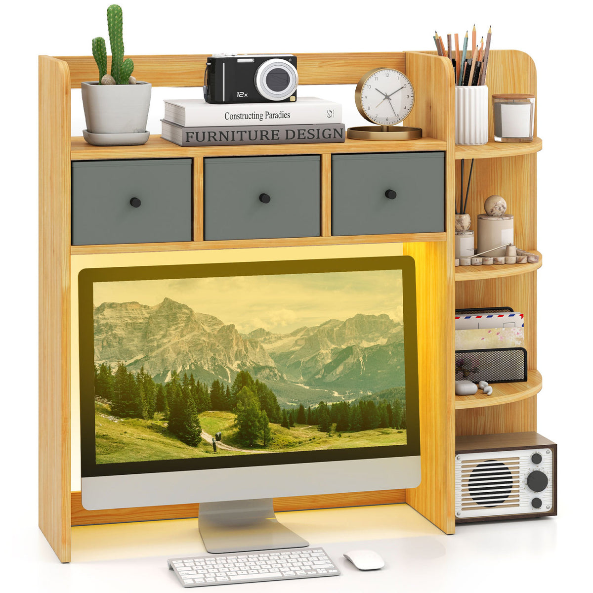 Desktop Bookshelf with LED Lights, 5-Tier Shelves & 3 Drawers - Brown