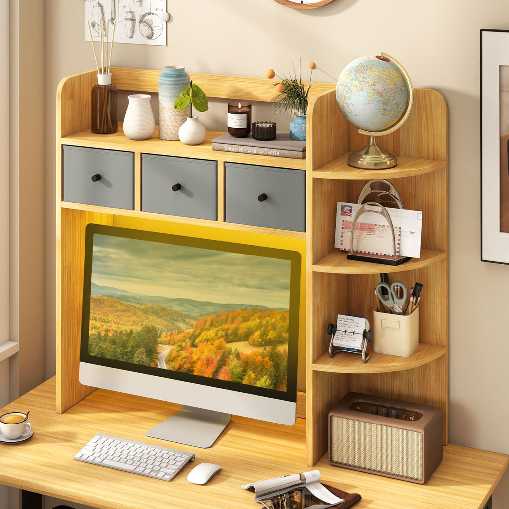 Desktop Bookshelf with LED Lights, 5-Tier Shelves & 3 Drawers - Brown