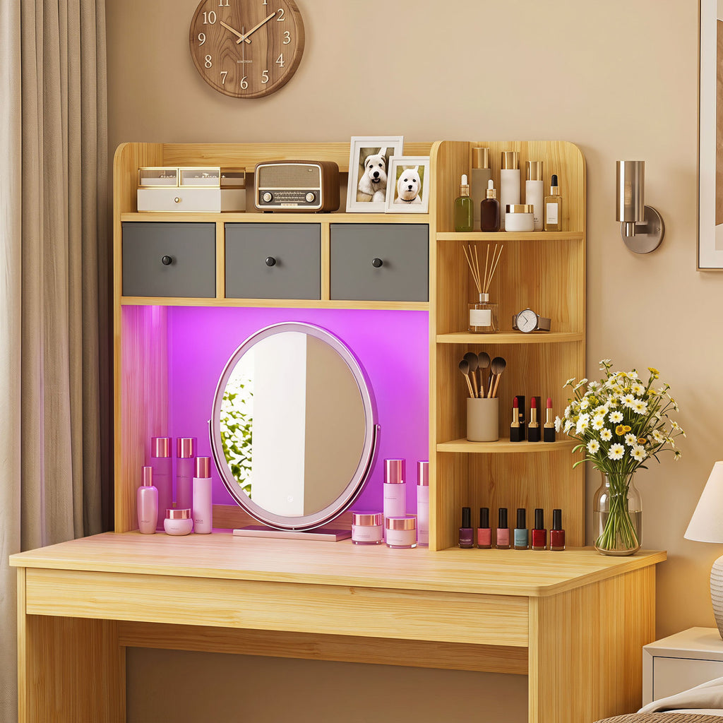 Desktop Bookshelf with LED Lights, 5-Tier Shelves & 3 Drawers - Brown