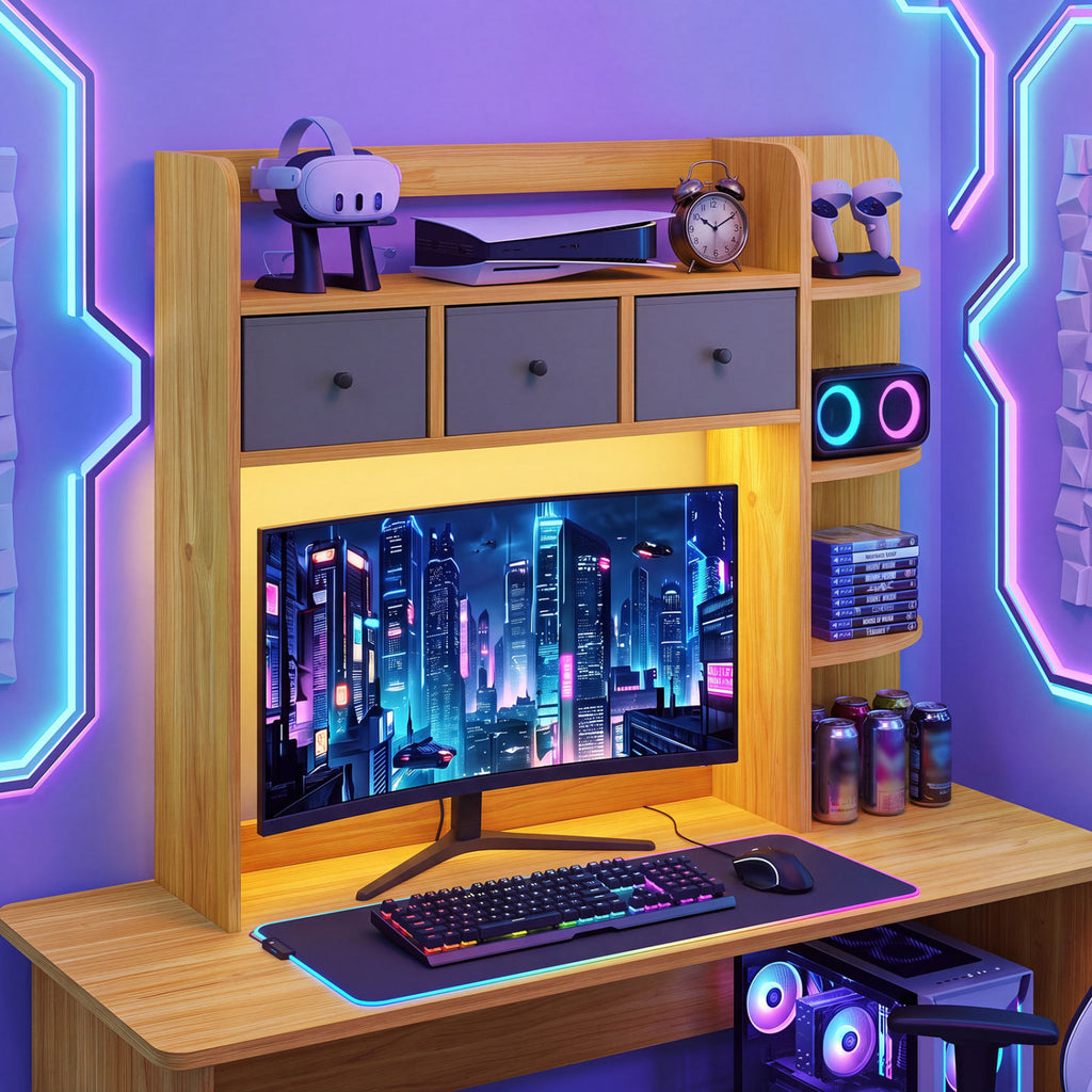 Desktop Bookshelf with LED Lights, 5-Tier Shelves & 3 Drawers - Brown