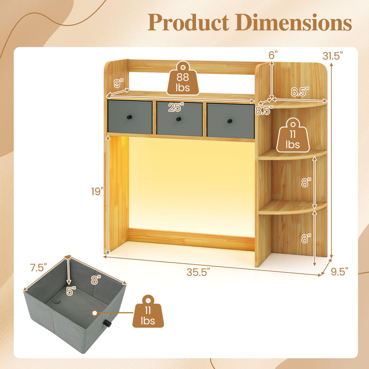 Desktop Bookshelf with LED Lights, 5-Tier Shelves & 3 Drawers - Brown