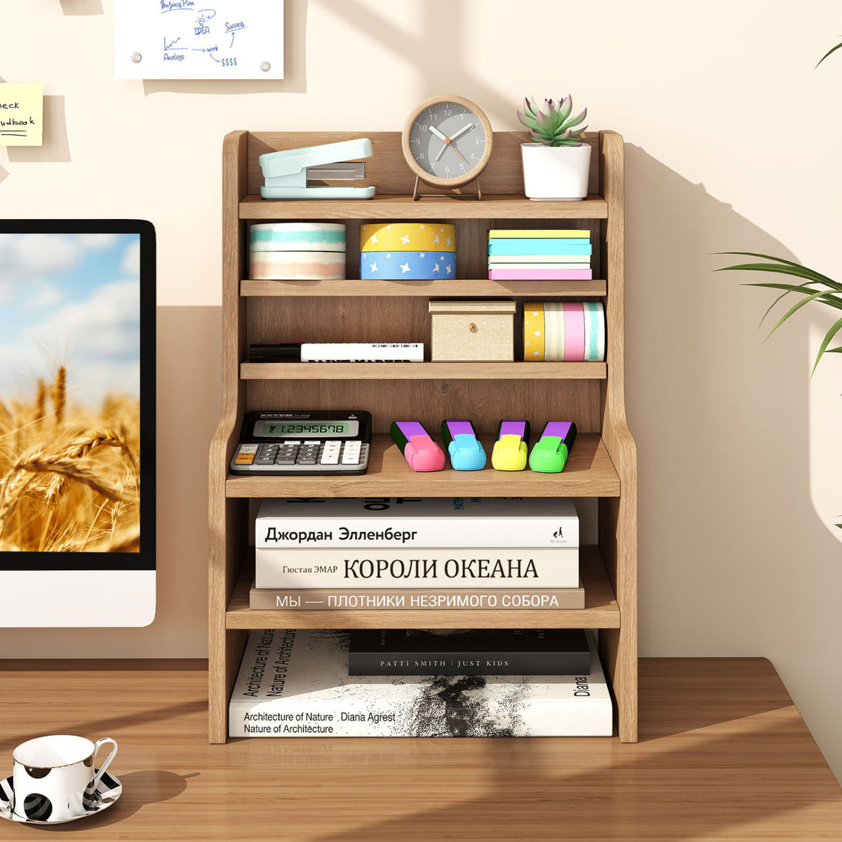 Desktop Organizer 6-Tier Mini Storage Rack - Natural