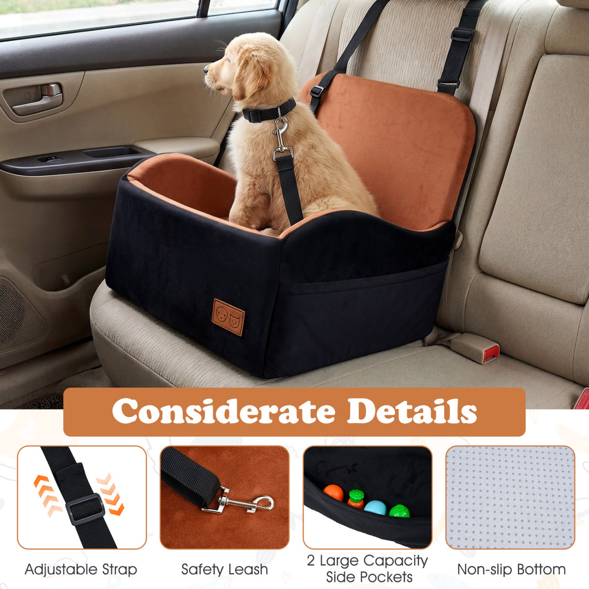 Small Detachable Dog Booster Car Seat for Front and Back Seat - Elevated & Cozy