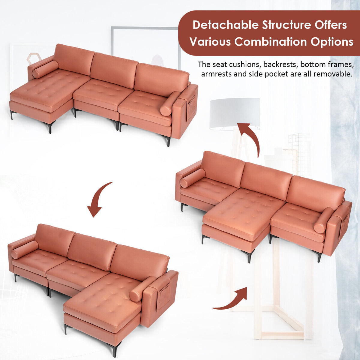Modular L-Shaped 3-Seat Sectional Sofa with Reversible Chaise, Pink