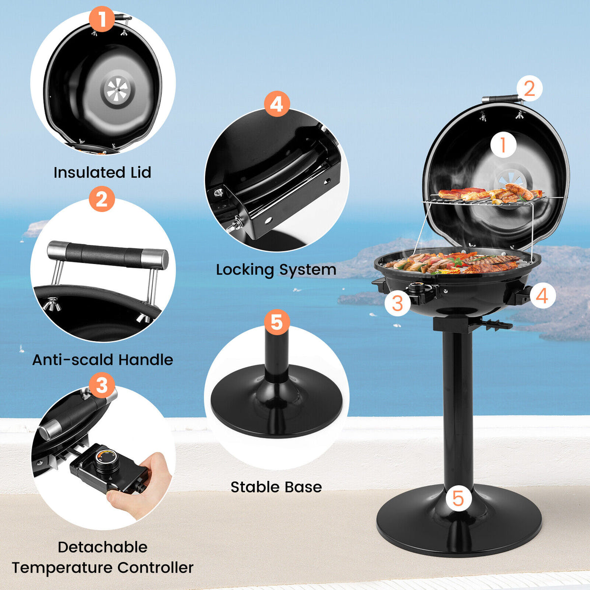 1600W Portable Electric BBQ Grill with Warming Rack, Black