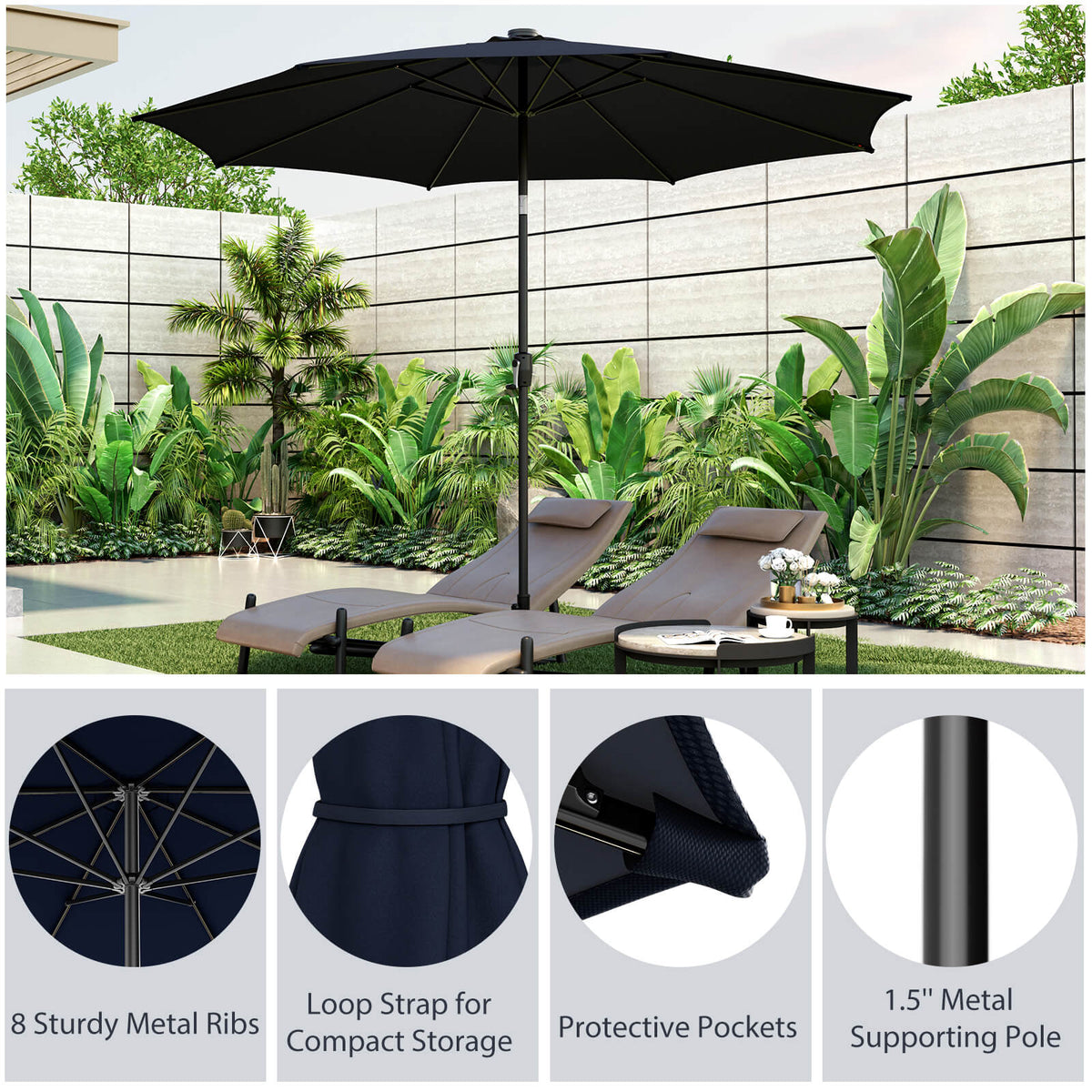 10 FT Patio Umbrella with 112 Solar LED Lights, Navy