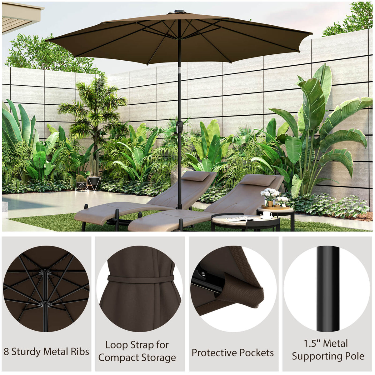 10 FT Solar Patio Umbrella with 112 LED Lights - Coffee
