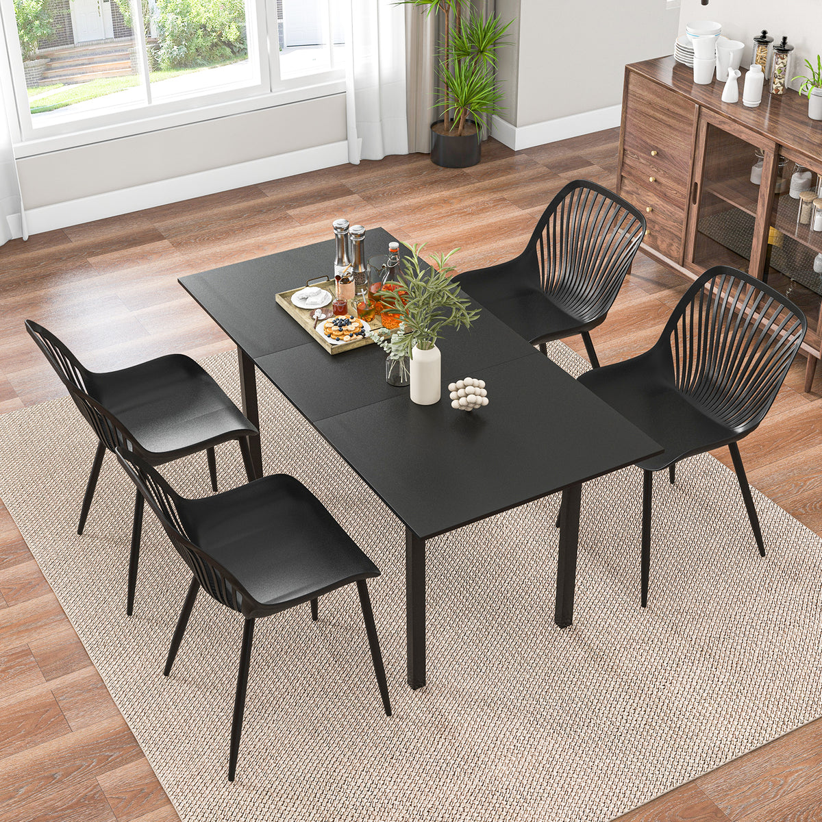 Modern Dining Chair with Metal Legs, Curved Seat - Black