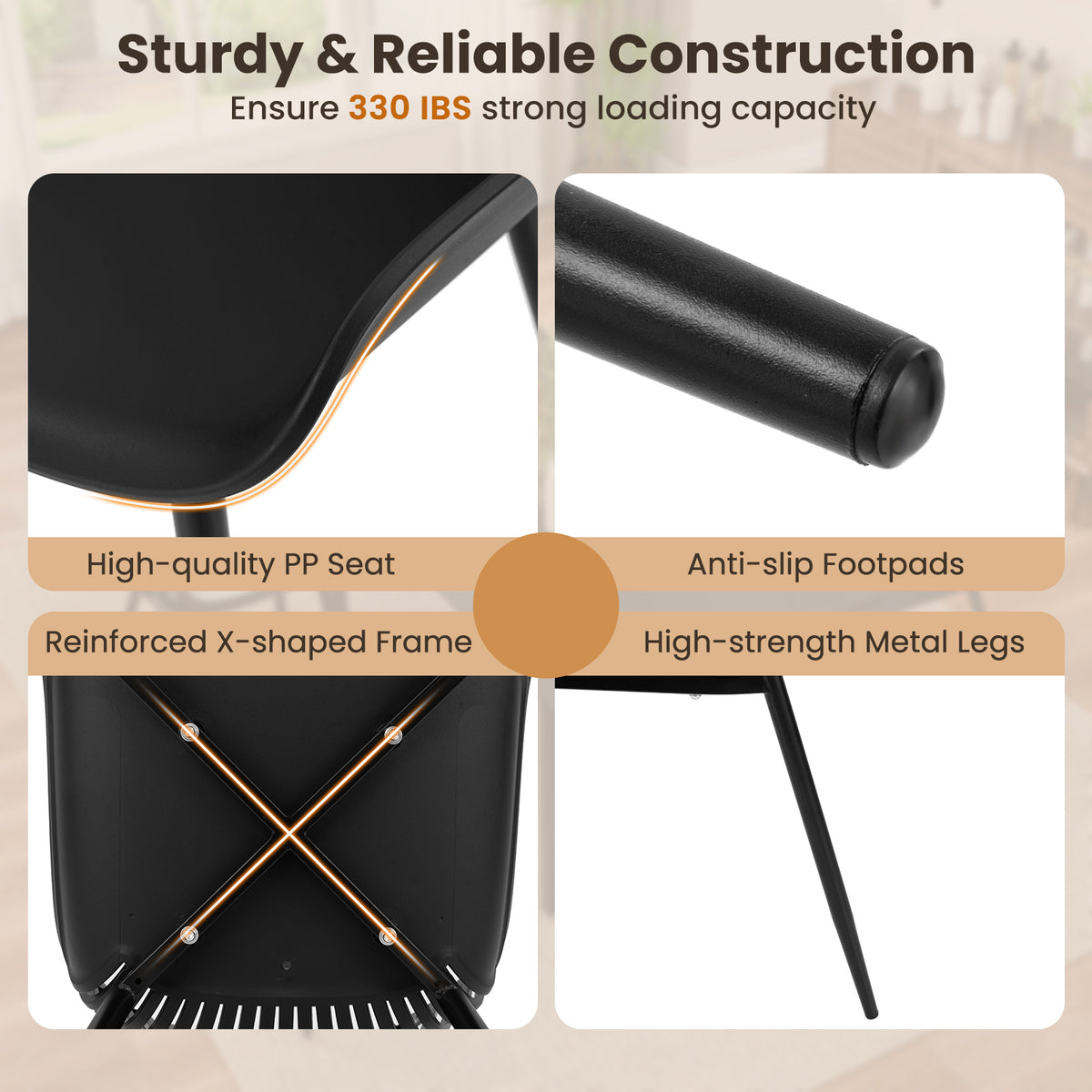 Modern Dining Chair with Metal Legs, Curved Seat - Black