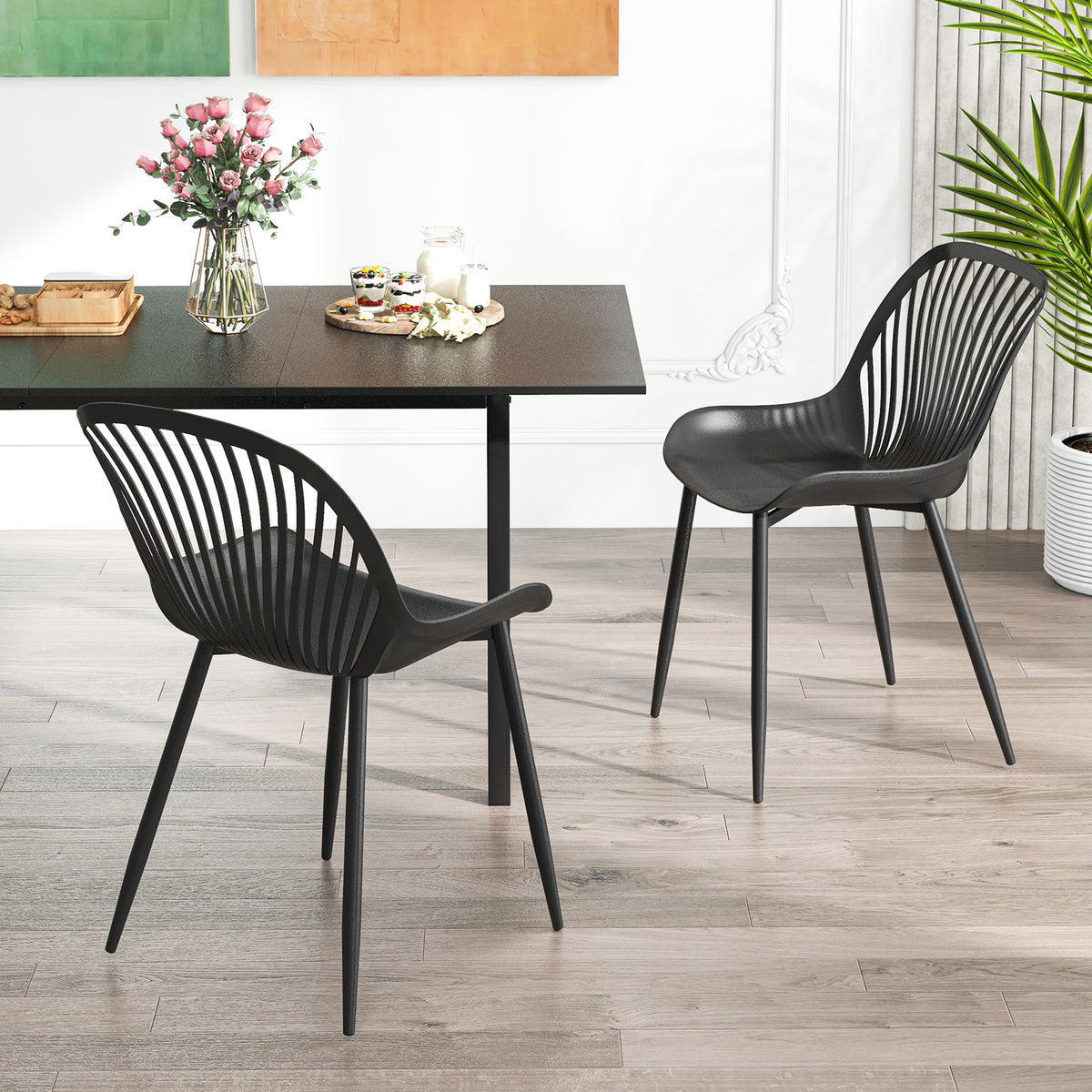 Modern Dining Chair with Metal Legs, Curved Seat - Black