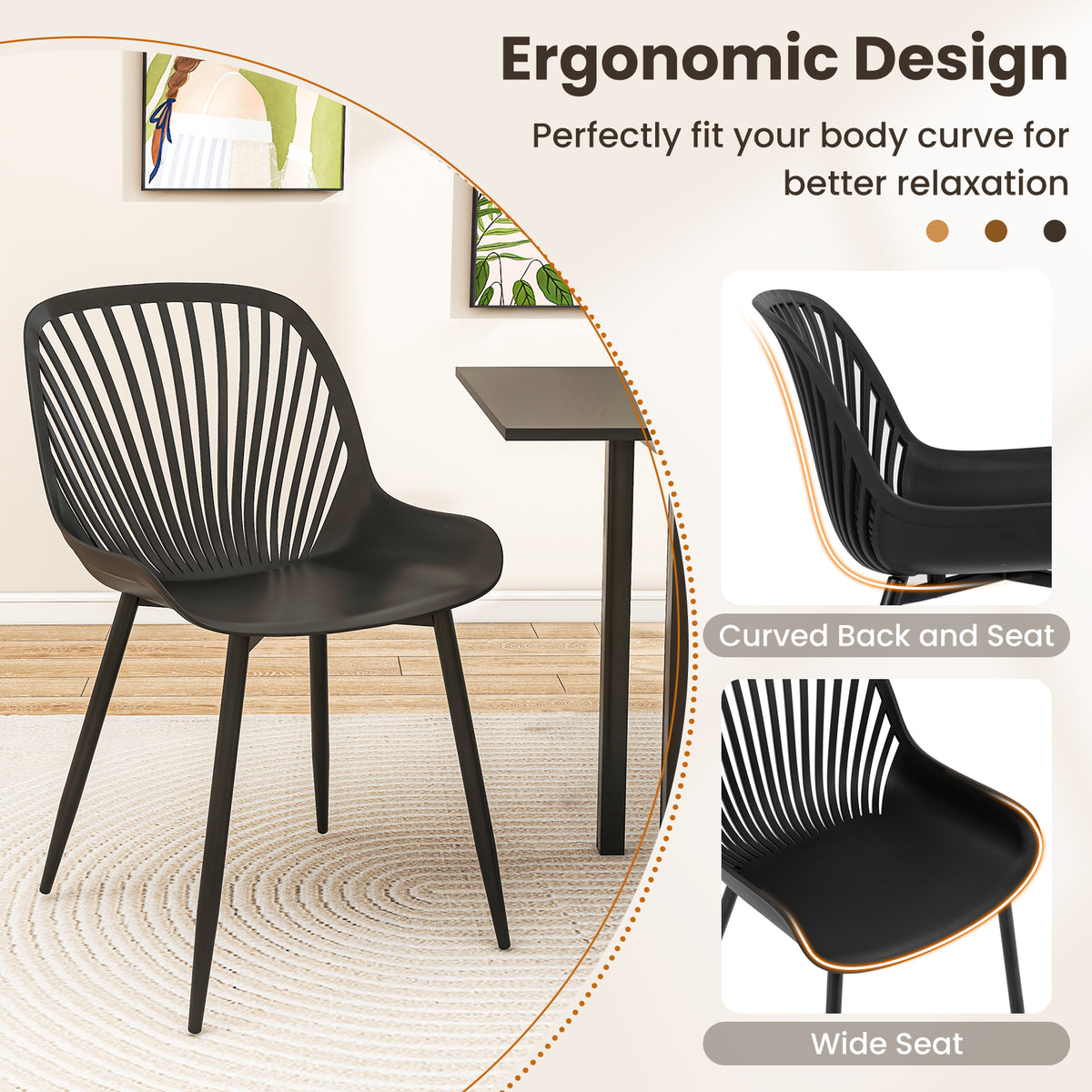 Modern Dining Chair with Metal Legs, Curved Seat - Black