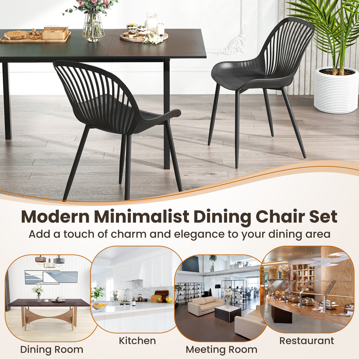 Modern Dining Chair with Metal Legs, Curved Seat - Black