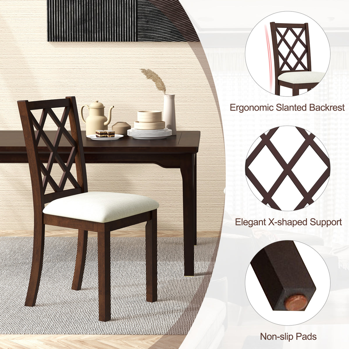 Dining Chair Set of 2, Brown - Upholstered Seat with Wood Legs