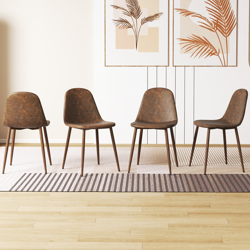 Dining Chair Set of 4 - Brown PU Leather Upholstered Chairs