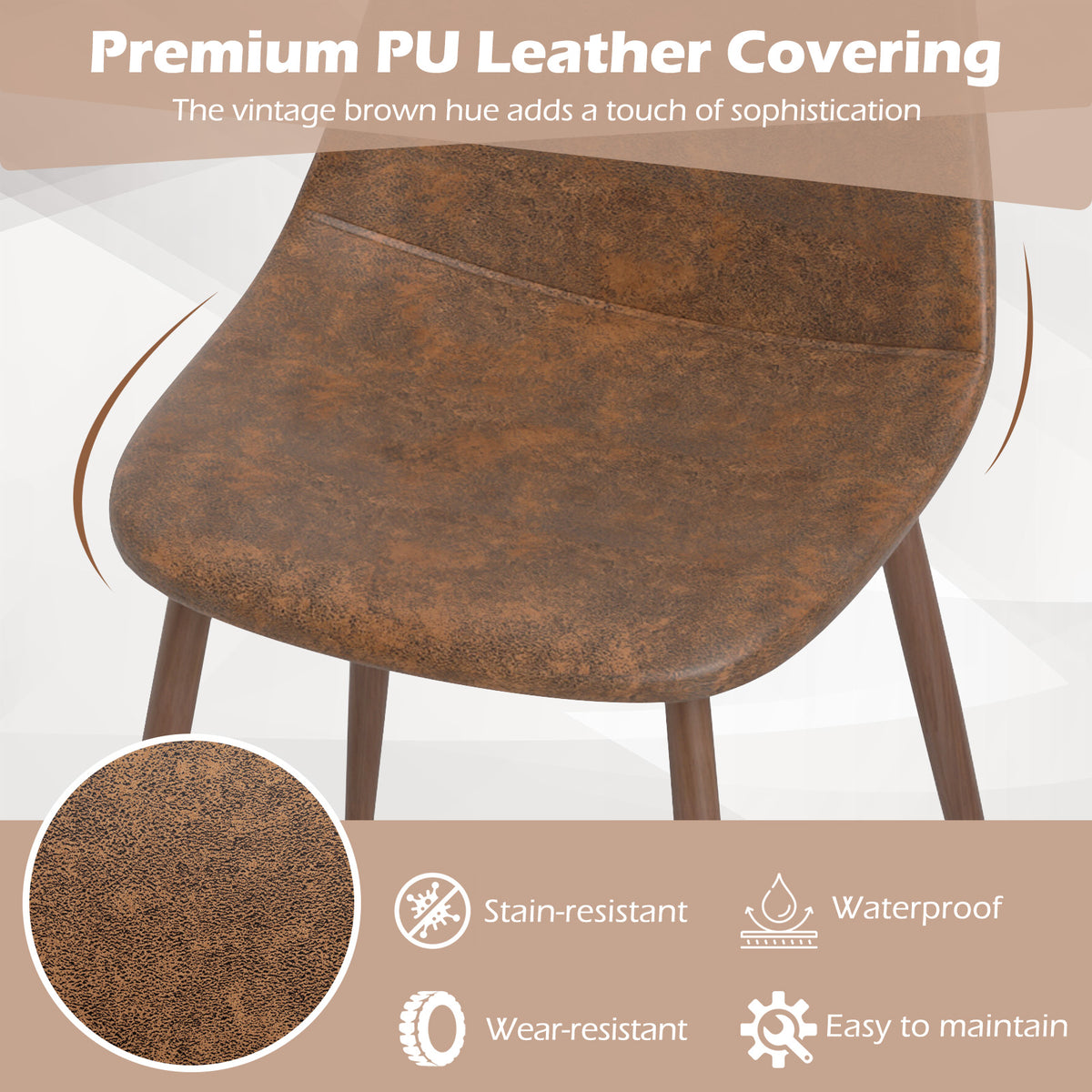 Dining Chair Set of 4 - Brown PU Leather Upholstered Chairs