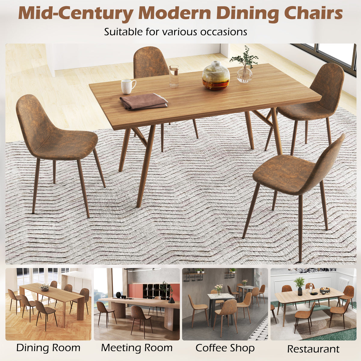 Dining Chair Set of 4 - Brown PU Leather Upholstered Chairs