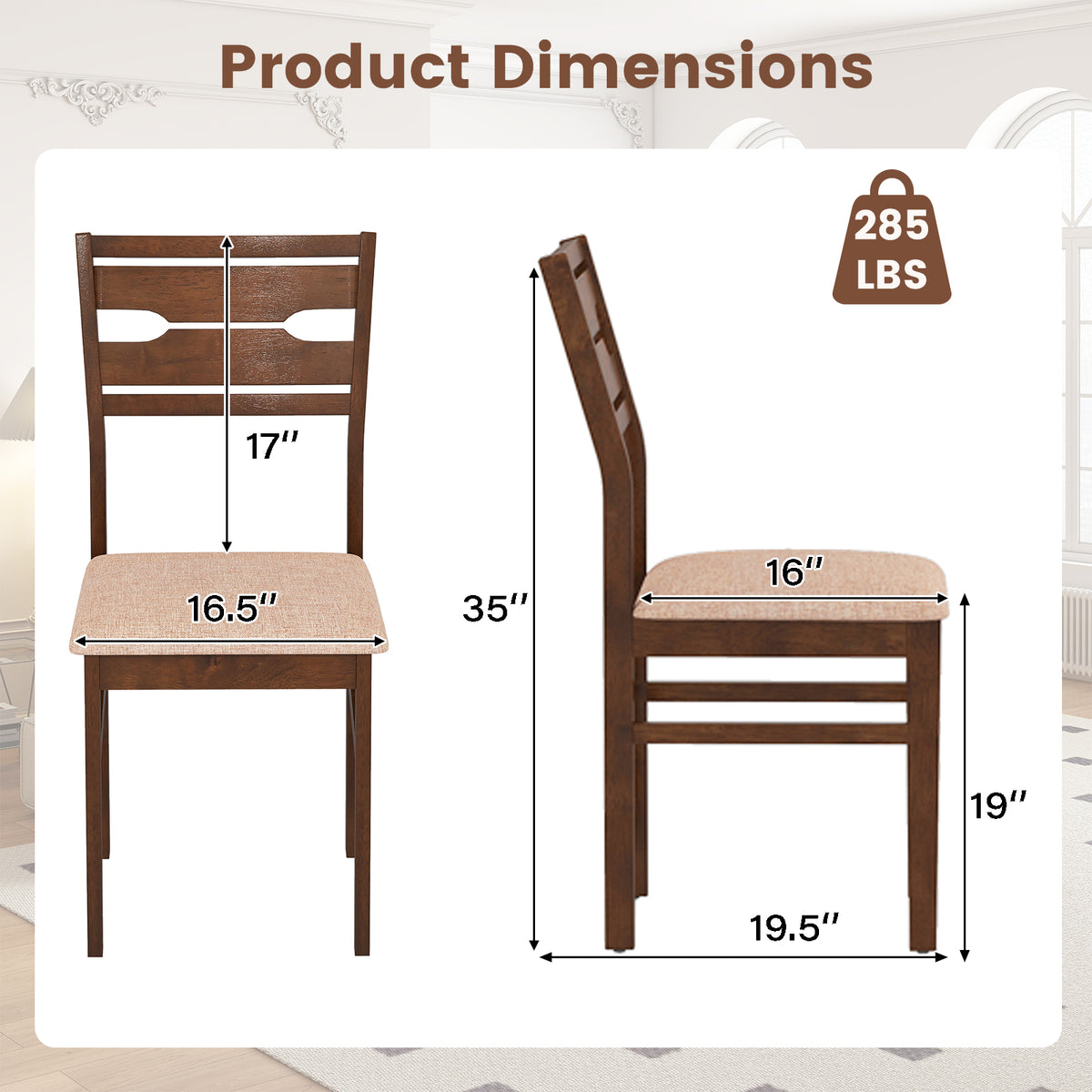 Dining Chair Set of 2 with Padded Seat & Rubber Wood Frame