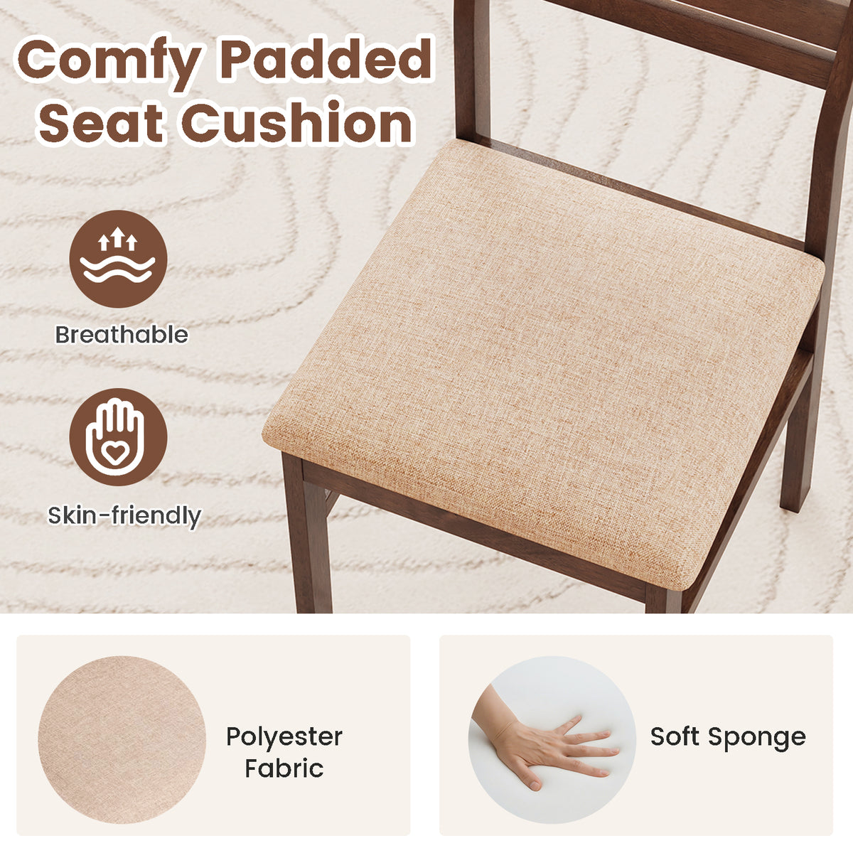 Dining Chair Set of 2 with Padded Seat & Rubber Wood Frame