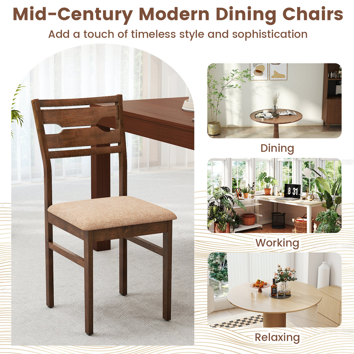 Dining Chair Set of 2 with Padded Seat & Rubber Wood Frame