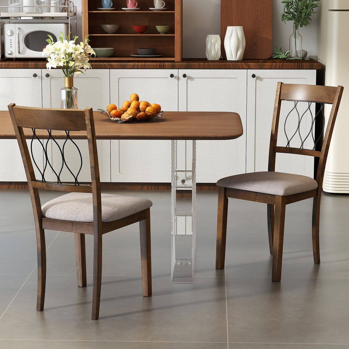 Dining Chair Set of 2, Padded Faux Leather - Wave Back, Walnut