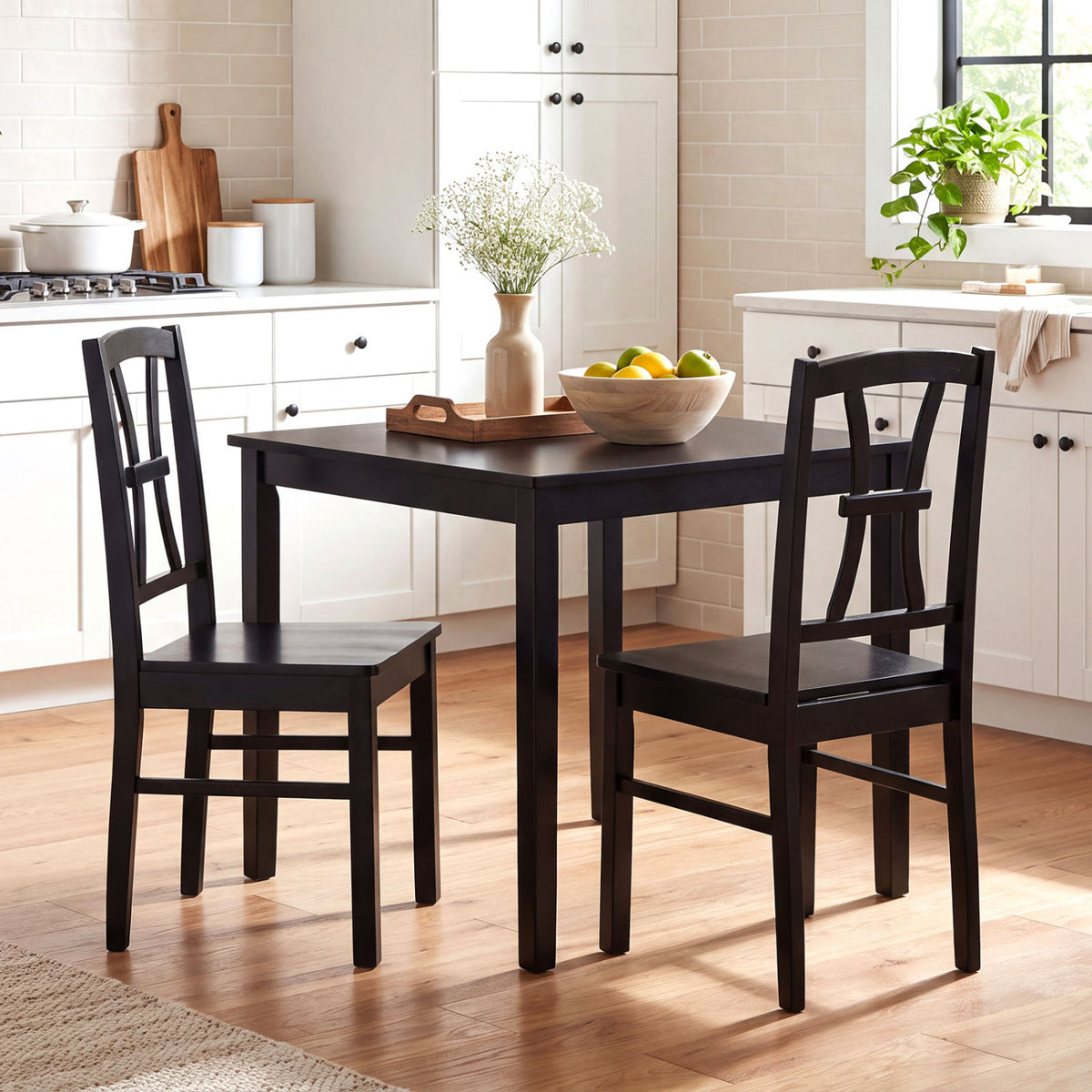 Dining Chair Set of 2 with Cross Backrest - Wood Seat, Black